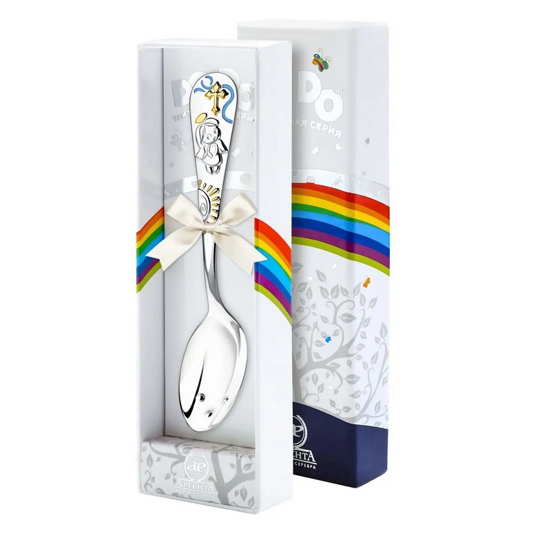 картинка Ложка детская DODO Крестильная ч/п с голубой эмалью+футляр