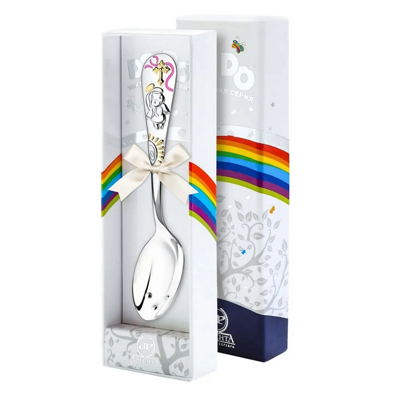 картинка Ложка детская DODO Крестильная ч/п с розовой эмалью+футляр